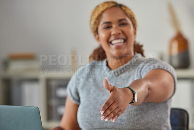 Buy stock photo Hand of friendly, happy and cheerful receptionist welcoming client or customer with a handshake. Smiling female holding out her hand in greeting to welcome an employee for interview and hiring inside