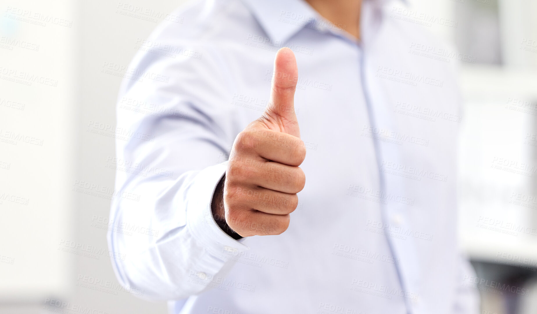 Buy stock photo Thumbs up for celebrating success and good work, hand of business man, manager or entrepreneur showing hand gesture. Closeup sign and positive symbol of approval, agreement and trust on fingers