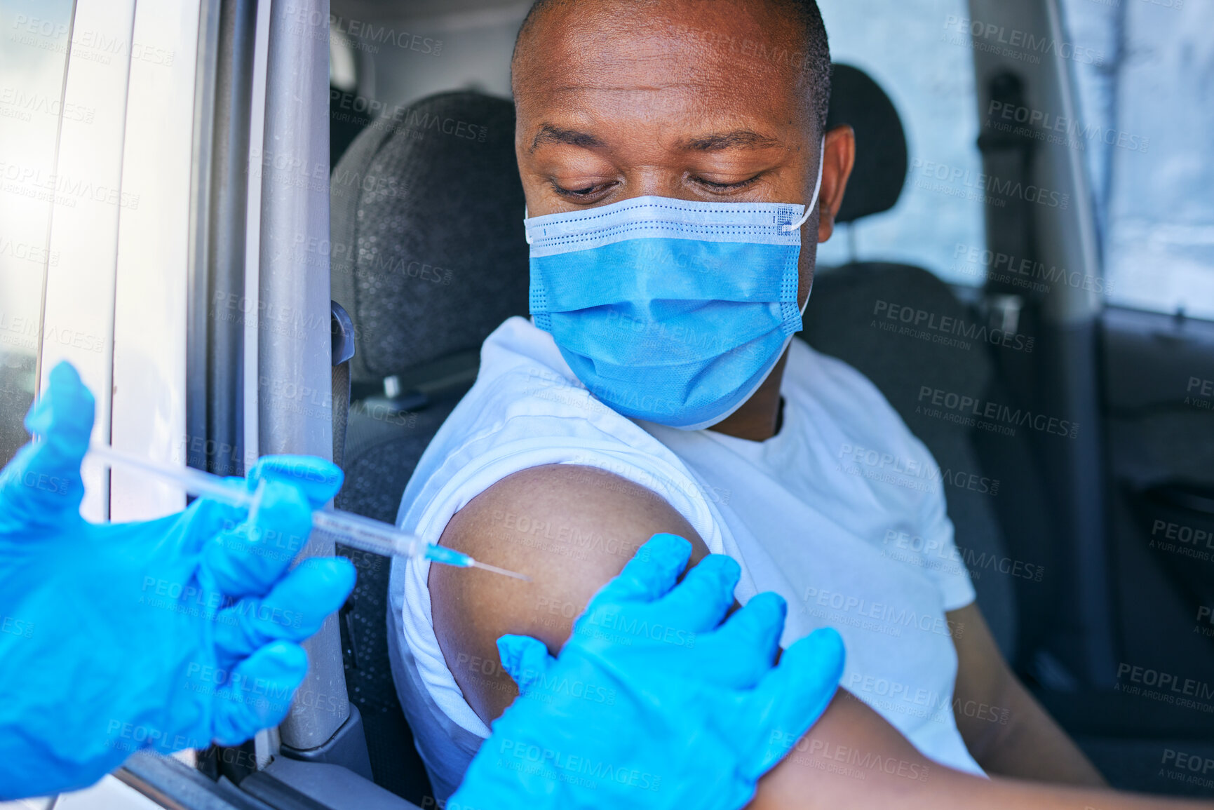 Buy stock photo Covid, medical worker and vaccine site and service for patient getting flu shot or dose for coronavirus prevention. Man in car wearing protective face mask to avoid contact while getting an injection