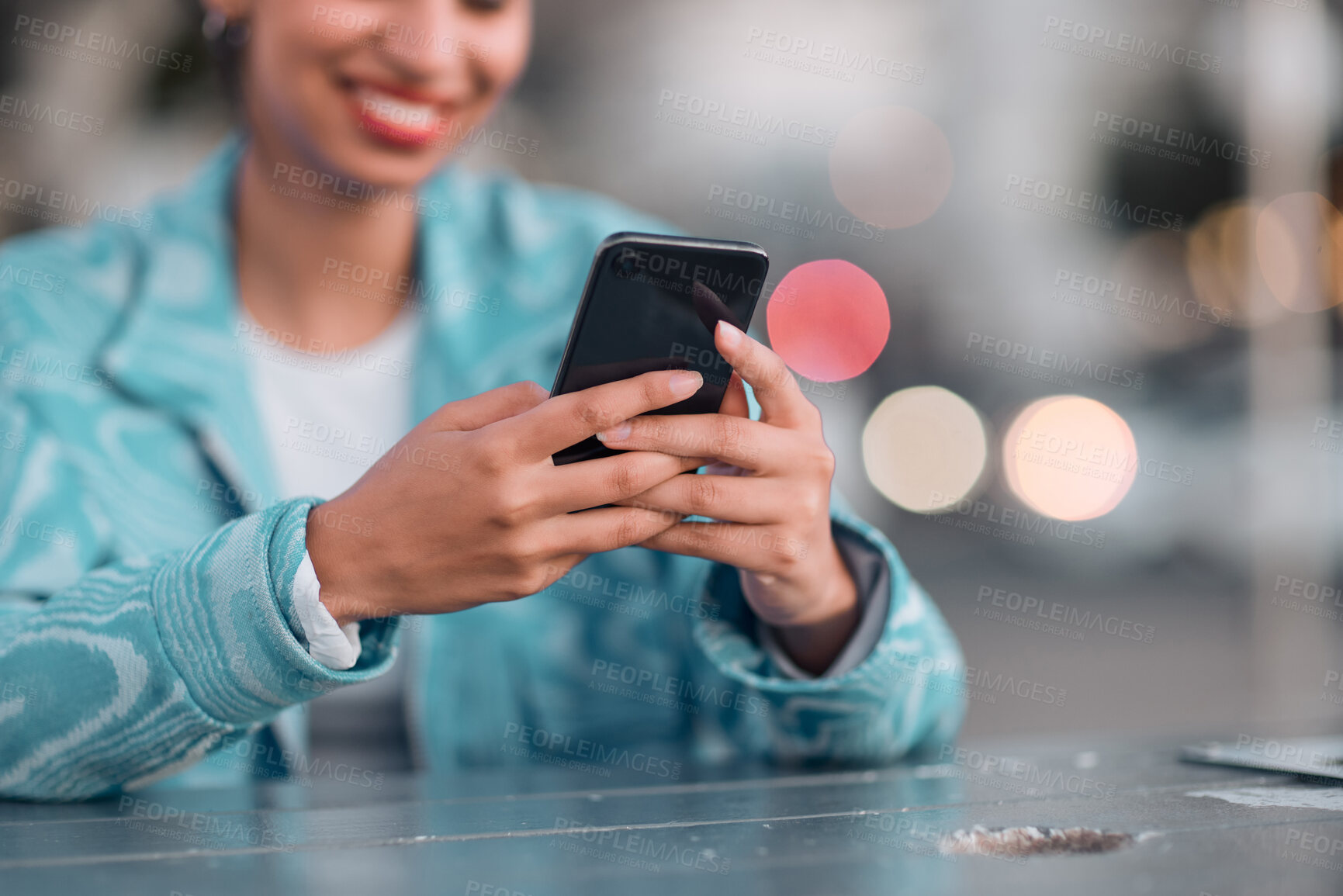 Buy stock photo Female hands typing on a phone and chatting on social media outdoors at a coffee shop. Closeup of young woman scrolling for internet news or clickbait. Lady sitting and texting on dating app