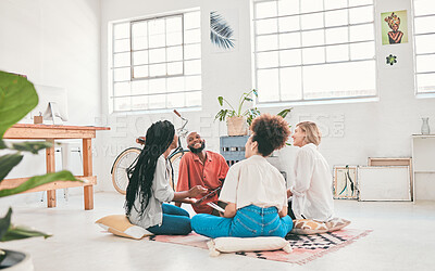 Buy stock photo Happy, relaxed and talking business group laughing and bonding while working together in a modern office. Diverse designers brainstorming, sharing creative ideas or a team project strategy 