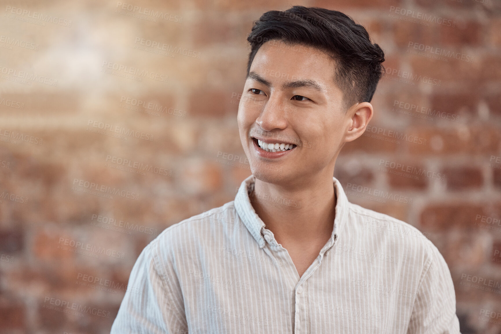 Buy stock photo Happy, confident and smiling business man looking thoughtful while working in a creative startup agency. Cheerful, charming and positive designer feeling ambitious, optimistic and ready for work