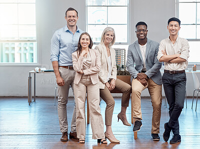 Buy stock photo Team, unity and support in a modern office of diverse workers, smiling and looking confident. Portrait of a group of relaxed, proud lawyers working together, happy and ready assist as a law firm