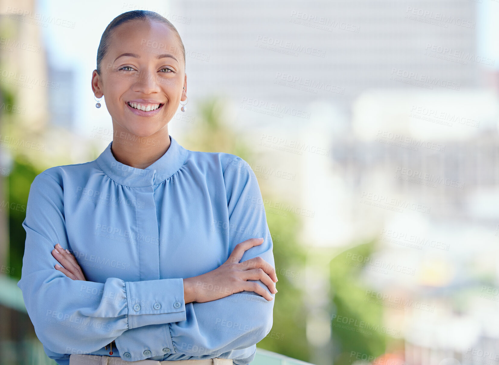 Buy stock photo Happy, confident and smiling business woman standing with arms crossed outside at work alone. Portrait of the face of one cheerful, joyful and proud female corporate professional with arms folded 