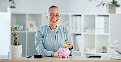 Finance, budget and investment money in piggybank and saving cash for a company startup in office. Portrait of smiling, happy and ambitious financial advisor planning future and depositing currency