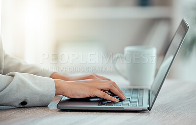 Buy stock photo Hands checking, planning and typing on laptop while lawyer prepares contract, defense and closing arguments for paralegal court case. Closeup of attorney researching evidence on technology for client
