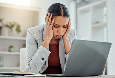 Pain, headache and stressed finance manager feeling sick, tired and worried about a financial problem at her startup company. Young and frustrated professional businesswoman working at an office