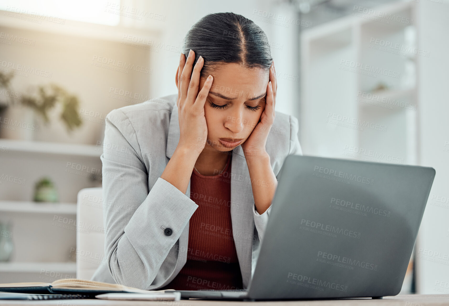 Buy stock photo Pain, headache and stressed finance manager feeling sick, tired and worried about a financial problem at her startup company. Young and frustrated professional businesswoman working at an office