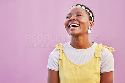 Buy stock photo Face, laughing or fashion black woman on pink wall background with flower headband, accessory to stylish clothing. Smile, happy or comic student with trendy or cool clothes on city mock up backdrop