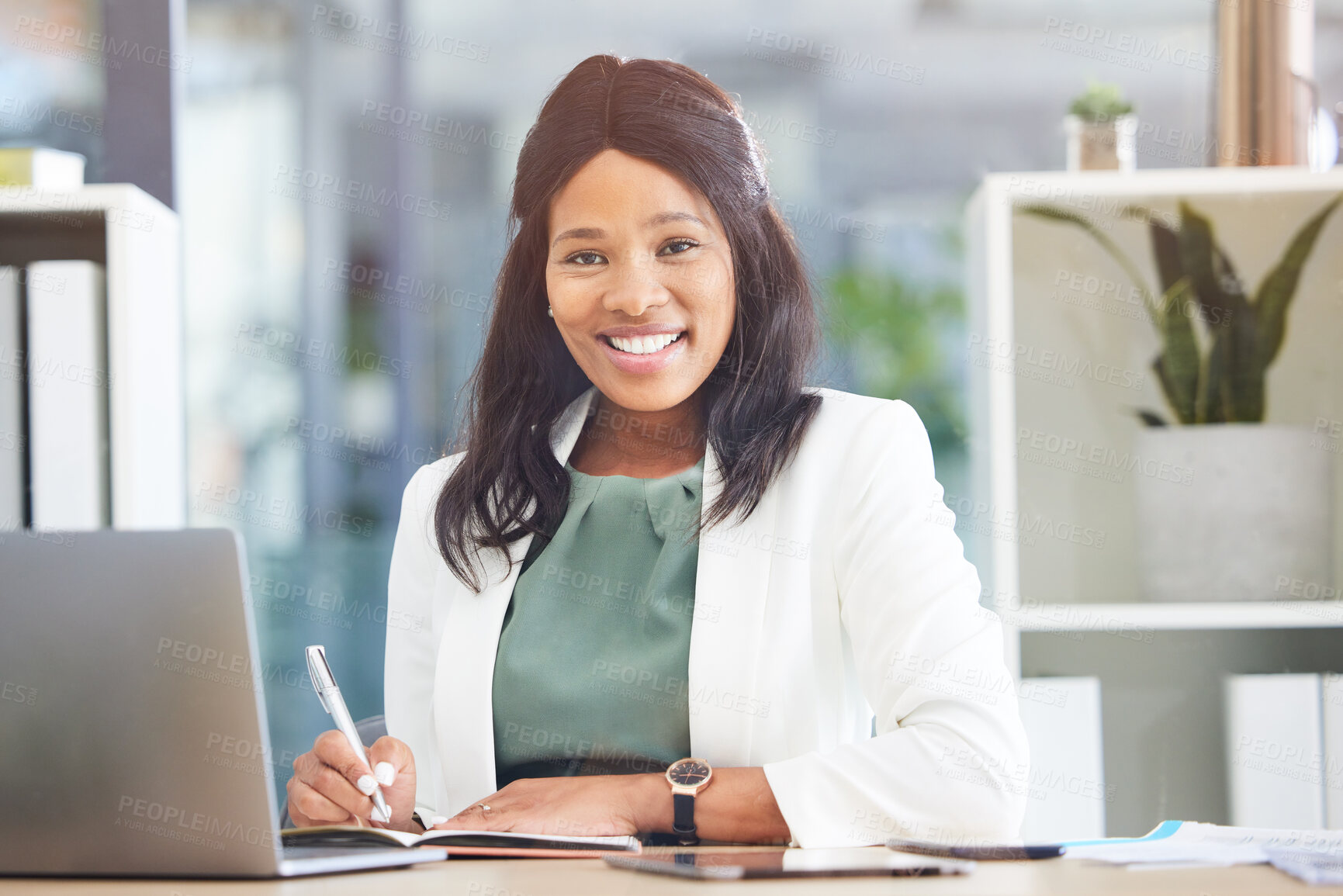 Buy stock photo Office, portrait and black woman writing in notebook for business schedule, time management and calendar in Human Resources. Face of an HR corporate worker at her desk on laptop for career excellence