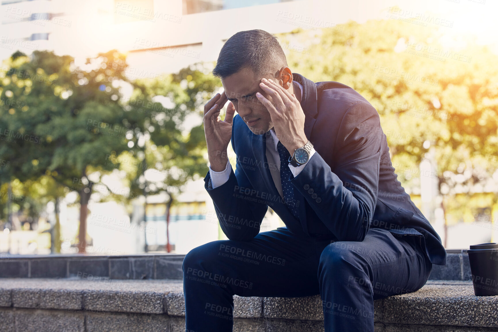 Buy stock photo Headache, urban and business man on a coffee break with stress, anxiety and employee burnout. Tired, professional and corporate lawyer with mental health problem from working and company project