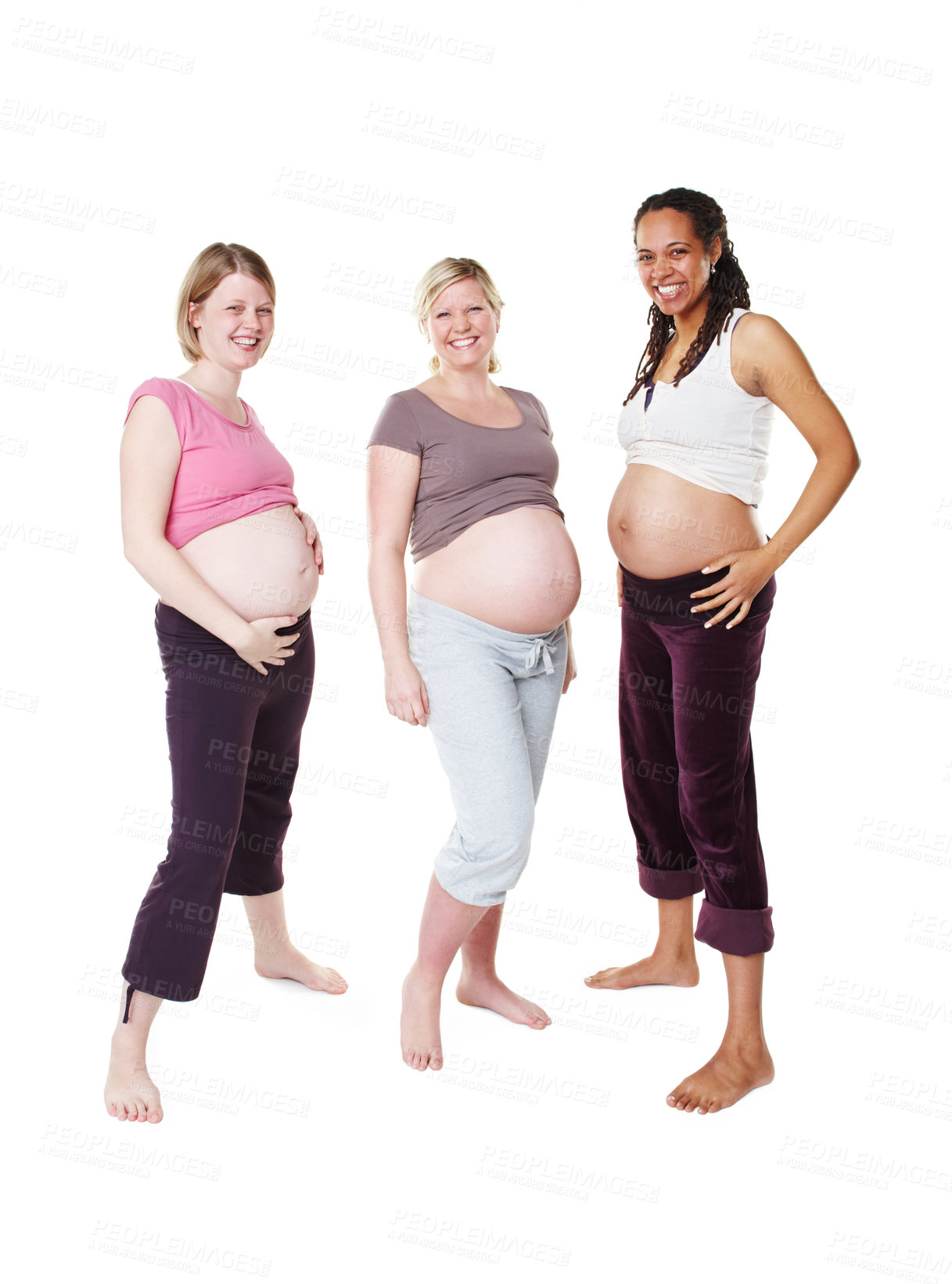 Buy stock photo Portrait of happy pregnant, woman and friends in a group photo over white studio background. Female people in diversity smile with baby bumps or belly standing in happiness to be a mother in mockup.