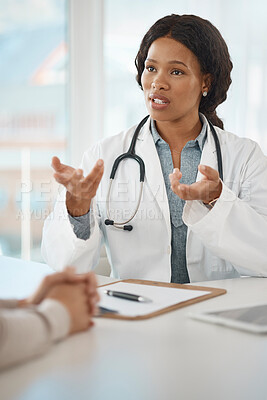 Buy stock photo Doctor consulting, explaining diagnosis and medical checkup with patient in a clinic. Trusted healthcare worker, physician and gp screening, talking and discussing medicine, health and test feedback