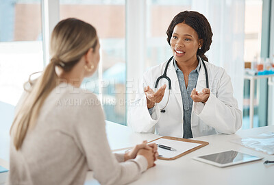 Buy stock photo Doctor appointment, consulting and talking with patient about their test results at the hospital. GP, healthcare worker or medical specialist discussing process of procedure or treatment plan.