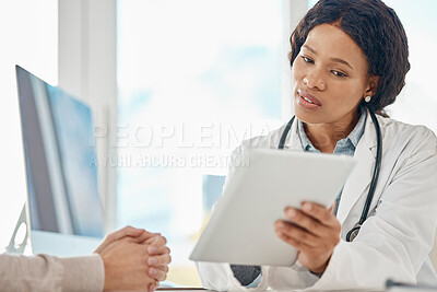 Buy stock photo Tablet test results, doctor and patient talking in medical consultation, checkup and visit in clinic, hospital and healthcare center. Gp discussing treatment options and medicine side effects on tech