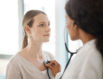 Buy stock photo Doctor listening to stethoscope heartbeat, patient breathing and lungs for healthcare checkup, test and consulting in hospital. Woman with medical screening from cardiology physician for tuberculosis