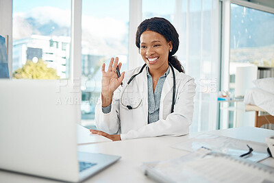Buy stock photo Virtual healthcare consulting, medical video call and online help for checkup, test and advice from a trusted doctor, friendly gp and happy physician. Practitioner greeting patient for telemedicine