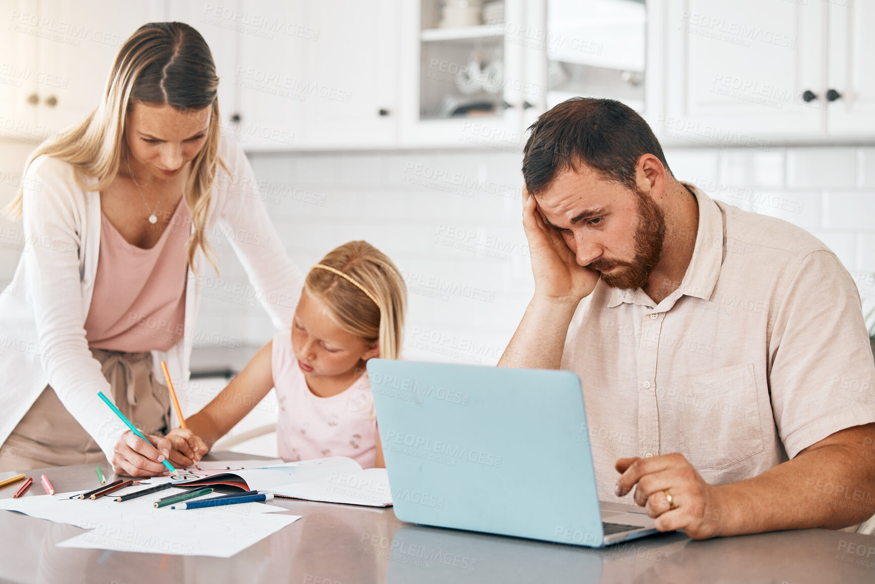 Buy stock photo Student writing homework in book with mother, people looking stressed working on tech laptop and family suffering with quarantine stress. Parent teaching girl education and man sitting with headache