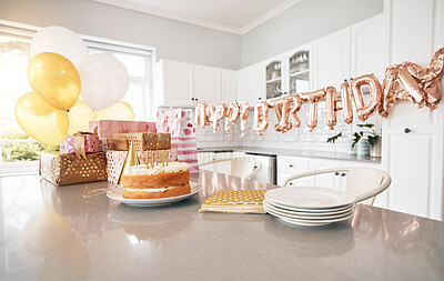 Buy stock photo Birthday, kitchen and cake stand with balloons for house party. Happy event, gifts and baked sweet goods for guests to eat. Decorations, special celebration and beautiful table of presents