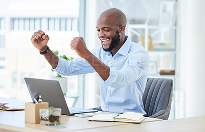Buy stock photo Celebrating, cheering and success with a young business woman working on a laptop and closing a deal. Wow, winner and motivation with a male businessman trading crypto on the stock market and winning