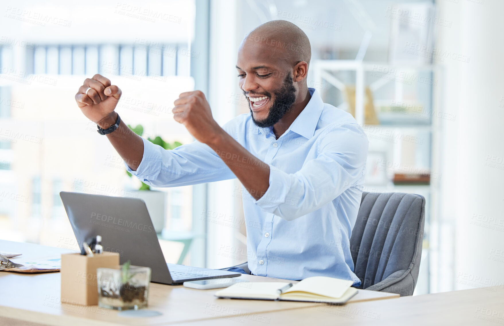 Buy stock photo Celebrating, cheering and success with a young business woman working on a laptop and closing a deal. Wow, winner and motivation with a male businessman trading crypto on the stock market and winning