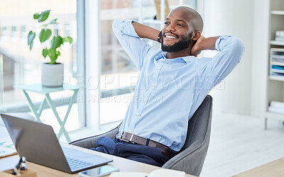 Buy stock photo Business, web entrepreneur or digital worker with a smile relaxing at his home office desk. Working online, internet businessman employee at a work computer happy about startup career and job success