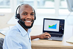 Call center agent, customer service representative and sales support staff wearing a headset and working on his laptop in the office. Data collecting, marketing and finance with a male operator