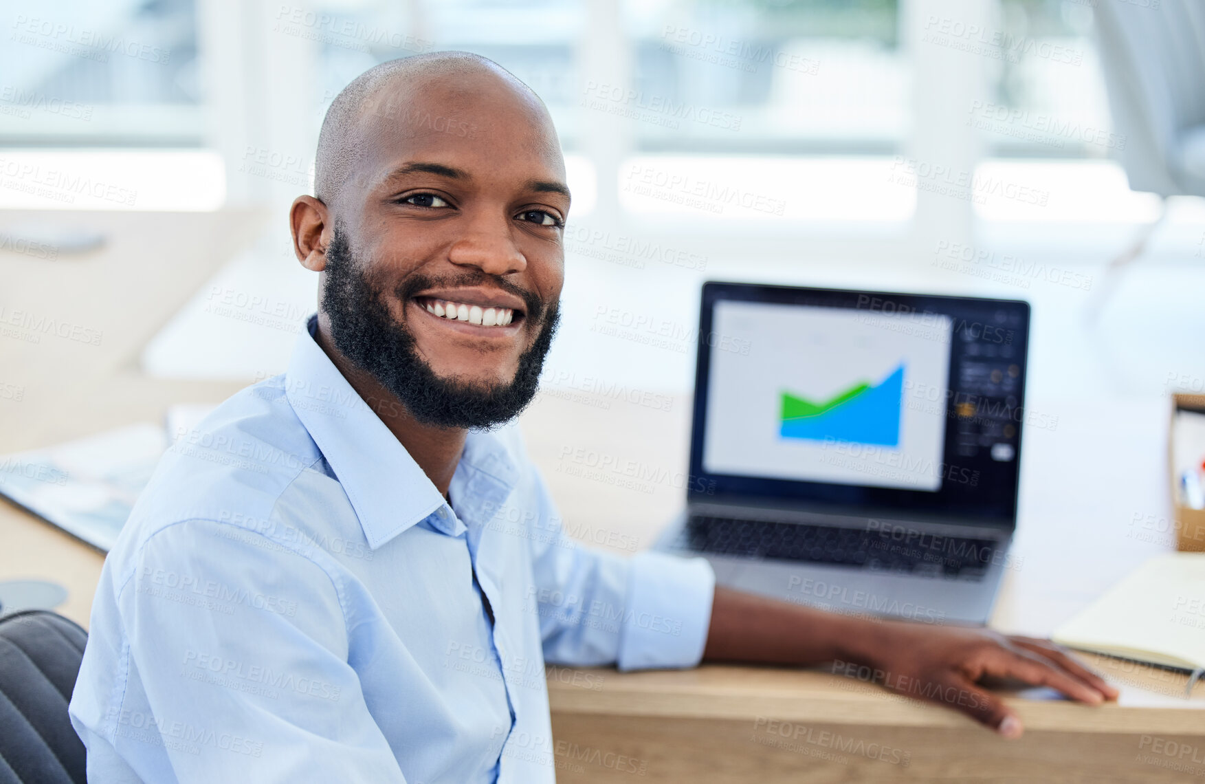 Buy stock photo Marketing analyst, stock trader and strategy planner busy with economy research, data planning and graphs for report, insights and finance in office. Portrait of smiling business man doing analytics