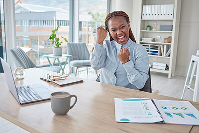 Buy stock photo Cheering, celebrating and successful business analyst excited after analyzing laptop data, paperwork chart and profit report. Portrait of smiling, happy and winning woman with company growth mindset