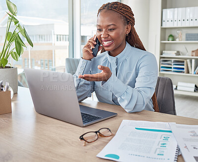 Buy stock photo Businesswoman talking on phone call and browsing a laptop in an office. Female assistant smiling, discussing and networking with client while planning and scheduling appointments at a startup company