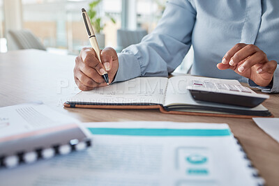 Buy stock photo Woman in accounting, payroll, tax, credit and bank payment for startup company in an office. Businesswoman, finance and data, with a calculator, working out balance for corporate account at her desk