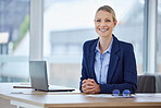 Motivation, business success and smiling company woman employee ready to work at her desk job. Portrait of a corporate female lawyer with a smile feeling happy and successful with her office career