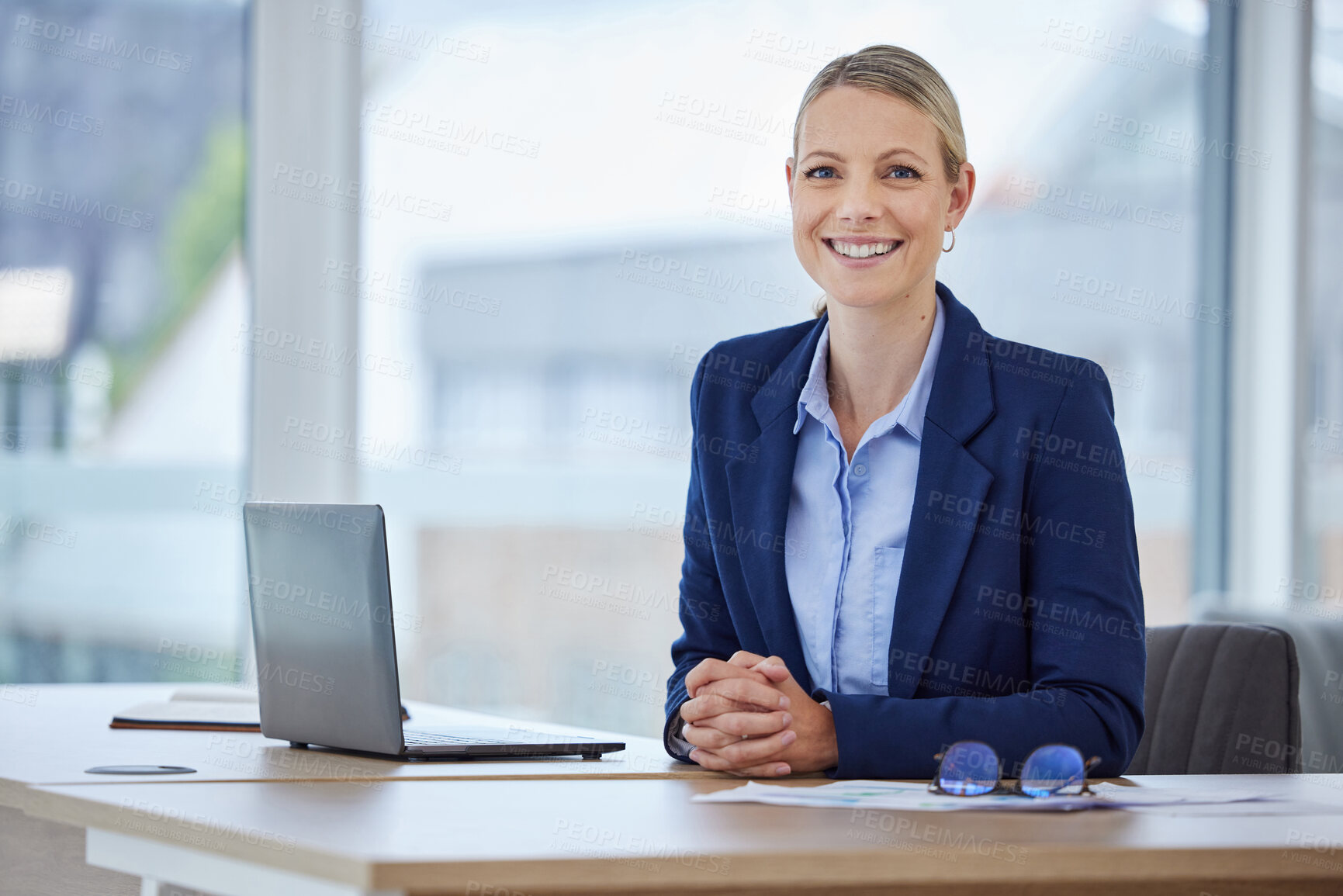 Buy stock photo Motivation, business success and smiling company woman employee ready to work at her desk job. Portrait of a corporate female lawyer with a smile feeling happy and successful with her office career
