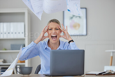 Buy stock photo Angry, stress and woman screaming at her office desk in frustration and fear at work issues. Serious panic, rage or headache from news about audit, tax or bankruptcy while at corporate job.