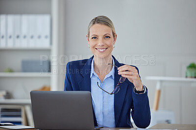 Buy stock photo Female leader, manager and CEO with a mindset of motivation, growth and development in her office at work. Portrait of a corporate business woman with a clear vision and mission working on a laptop