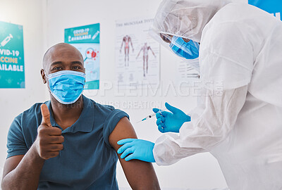 Buy stock photo Thumbs up, vaccine and covid injection on a man's arm with him wearing a mask to stay safe. Doctors needle injecting a healthy male protecting against corona virus by taking treatment in a hospital