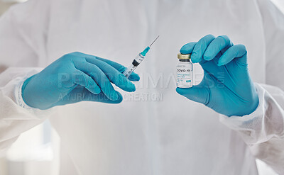 Buy stock photo Health care, science and innovation by a doctor holding a vaccine for corona or injection for virus with copy space. Medical discovery by a researcher leading a drug trial on a treatment for covid