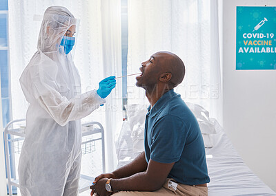 Buy stock photo Nurse collecting a covid, flu or disease sample with a cotton swab from a patient. Doctor, healthcare worker or specialist wearing hazmat suit insert collects a possible positive test during pandemic