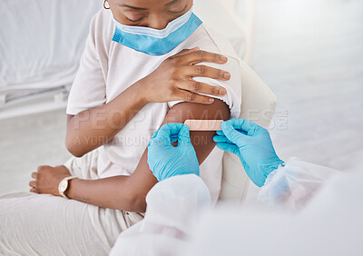 Buy stock photo Covid vaccine, mask and nurse giving plaster to patient. Medical worker covering arm with care after doing checks in lab. Consulting, trust and medicine for virus immunity and science. 