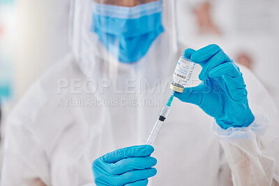 Buy stock photo Covid vaccine, injection and medicine cure with needle, vial and syringe from a doctor in a hospital. Closeup of healthcare worker giving flu jab, antiviral shot and medical treatment for immunity