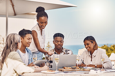 Buy stock photo Champagne, luxury and friends at a sea restaurant to celebrate marketing, project and advertising goals success. Smile, glasses and happy staff on laptop, drinking wine and eating brunch by the ocean