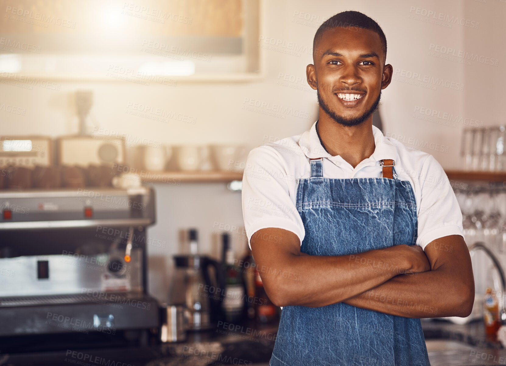 Buy stock photo Business owner standing with arms crossed at a cafe, showing pride and success working at a restaurant. Portrait of a waiter, employee or worker giving smile at bakery, looking successful and happy