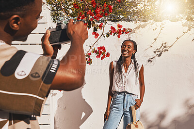 Buy stock photo Photographer, portrait and happy model woman in summer clothes for a creative fashion shoot outdoors. Influencer, freelancer and entrepreneur in professional photography taking social media content