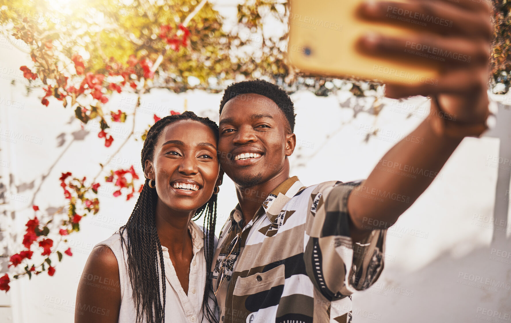 Buy stock photo Man and woman love taking a selfie portrait together as a couple smiling during summer under relaxing sun. Happy, smile and free boyfriend and young girlfriend take pictures on phone for social media