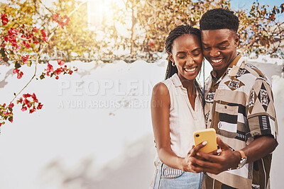 Buy stock photo Happy, phone and excited couple taking a selfie outdoors with a smartphone while on vacation or holiday. Joyful lovers on a video call or sharing a picture or a photo online or on social media