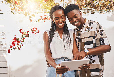 Buy stock photo Digital influencer couple with tablet on social media app reading online notification or a funny internet post. Summer content creator, friends or in love people search for inspiration on a website