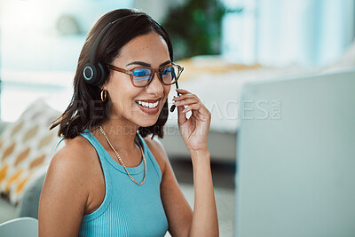 Buy stock photo Call centre, customer service and agent with computer talking to customers, helping or answering calls in office. Smiling, happy or friendly helpdesk operator, secretary and contact us client support