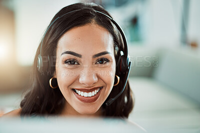 Buy stock photo Call center, customer service and help desk agent looking friendly, happy and smiling while wearing a headset and working on a computer. Portrait of Cheerful sales employee, remote or virtual worker