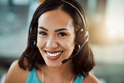 Buy stock photo Call center agent, customer service and sales support operator with headset giving friendly, help and good advice. Portrait of big smile, happy and cheerful female consultant talking on hotline