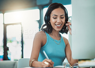 Buy stock photo Call center agent, customer service and freelance sales entrepreneur with headset being friendly on video call while working from home. Smiling operator and happy consultant doing remote virtual work